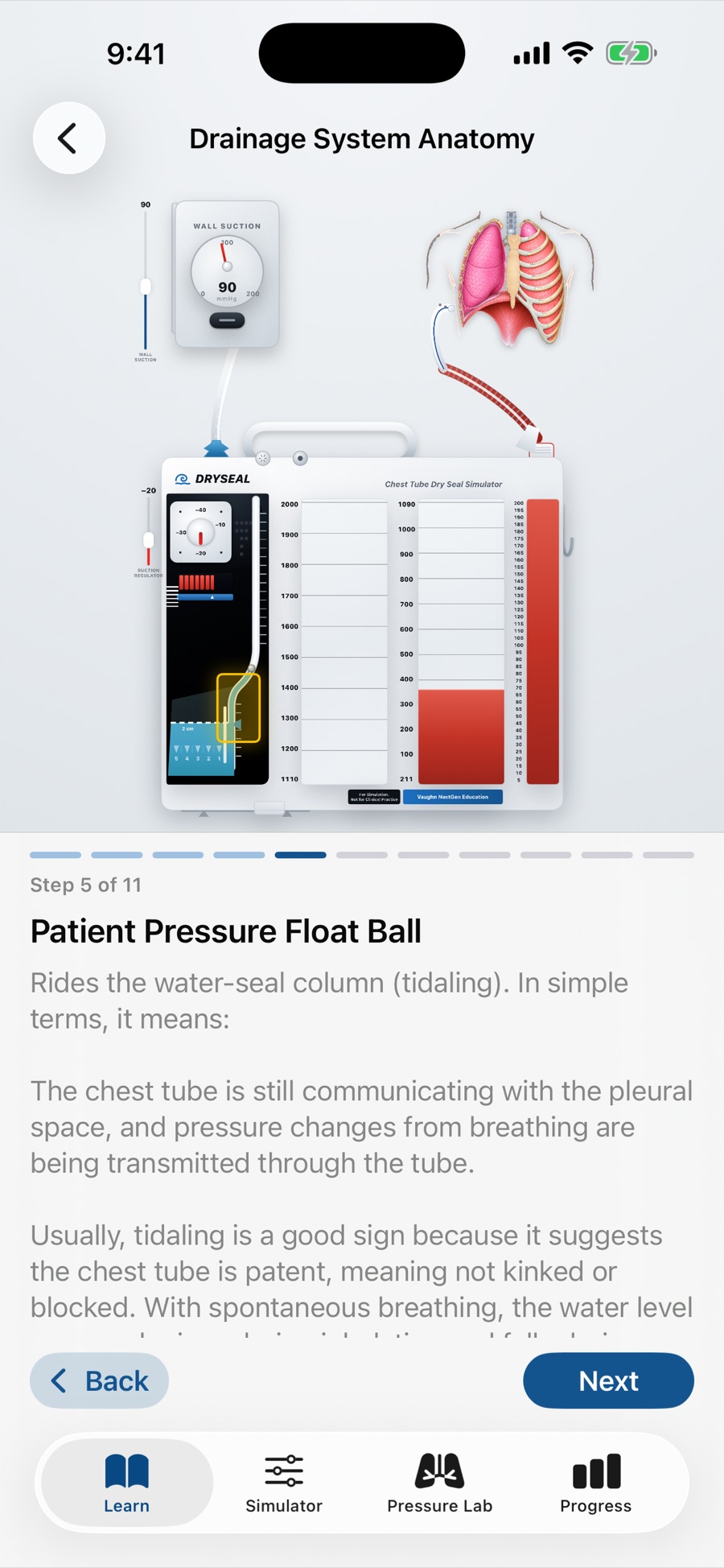 A guided lesson step titled Patient Pressure Float Ball explaining tidaling in the water-seal column, with the relevant part of the drainage unit highlighted