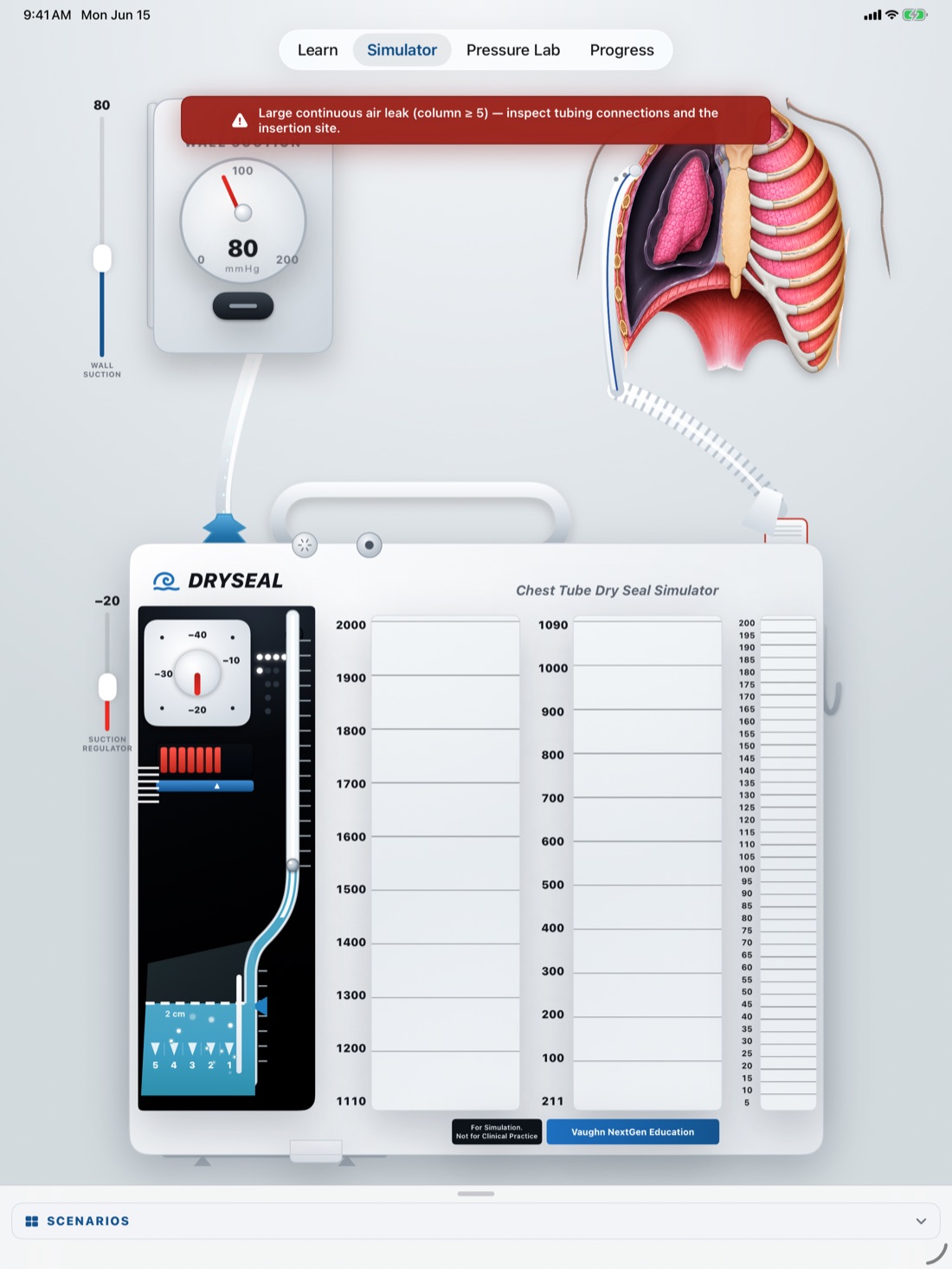 Chest Tube Simulator running on iPad, showing the full animated chest drainage unit with its suction controls and chambers