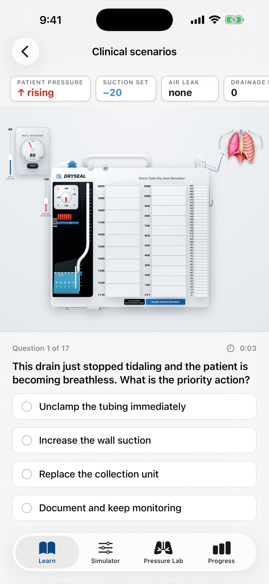 A clinical scenarios quiz question about a chest drain that stopped tidaling in a breathless patient, with status chips, a per-question timer, and multiple-choice answers