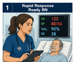 Rapid Response Ready RN course card with a nurse reviewing vital signs for a patient on oxygen.