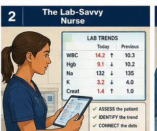 Lab trends course card with a nurse reviewing abnormal lab values and assessment priorities.