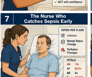 Sepsis early recognition course card showing a nurse assessing a patient with sepsis red flags.