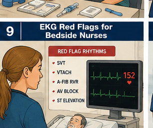 EKG Red Flags for Bedside Nurses course card showing red flag rhythms and a bedside monitor.