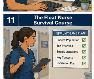 Float Nurse Survival Course card showing a nurse with a unit game plan for a new assignment.