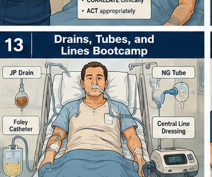 Drains, Tubes, and Lines Bootcamp course card showing a patient with labeled drains, tubes, and lines.