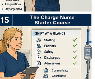 Charge Nurse Starter Course card showing a charge nurse reviewing shift priorities.