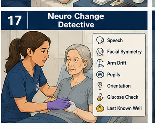 Neuro Change Detective course card showing a nurse assessing neurological changes in a patient.