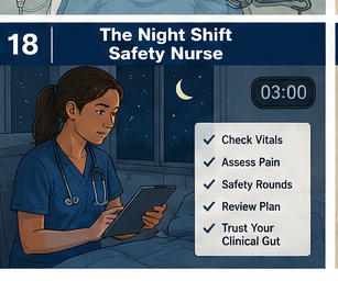 Night Shift Safety Nurse course card showing a nurse reviewing safety priorities at 3 AM.