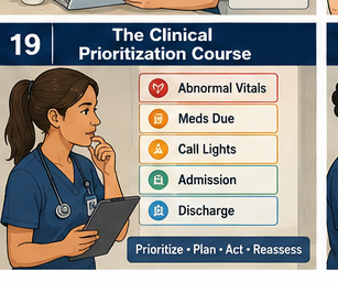 Clinical Prioritization Course card showing a nurse organizing abnormal vitals, meds, call lights, admission, and discharge priorities.
