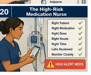 High-Risk Medication Nurse course card showing a nurse reviewing high-alert medication safety checks.