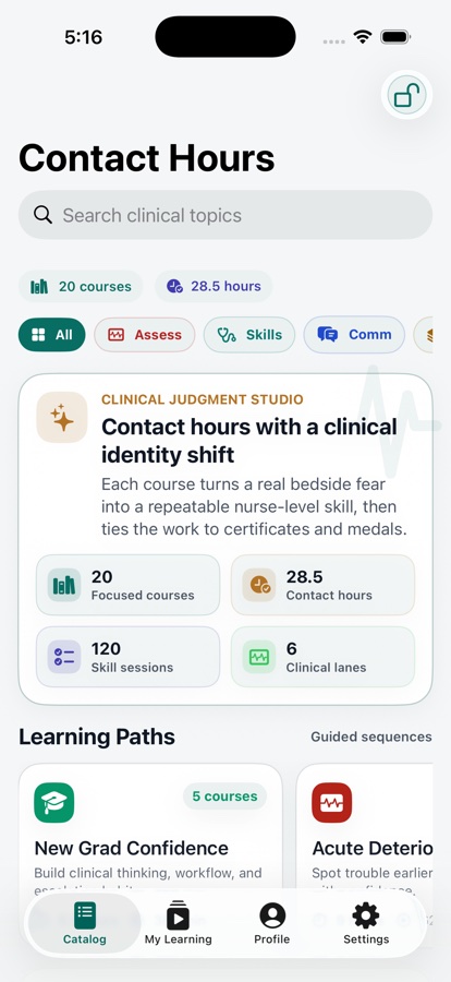 Nurse Contact Hours internal course catalog screen showing sample learning categories and course cards
