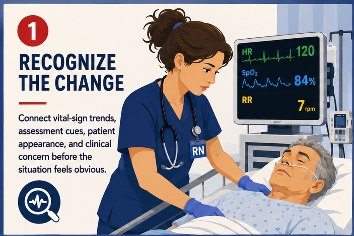 Lesson card for Recognize the Change showing a nurse assessing a deteriorating patient with heart rate 120, oxygen saturation 84 percent, and respiratory rate 7.