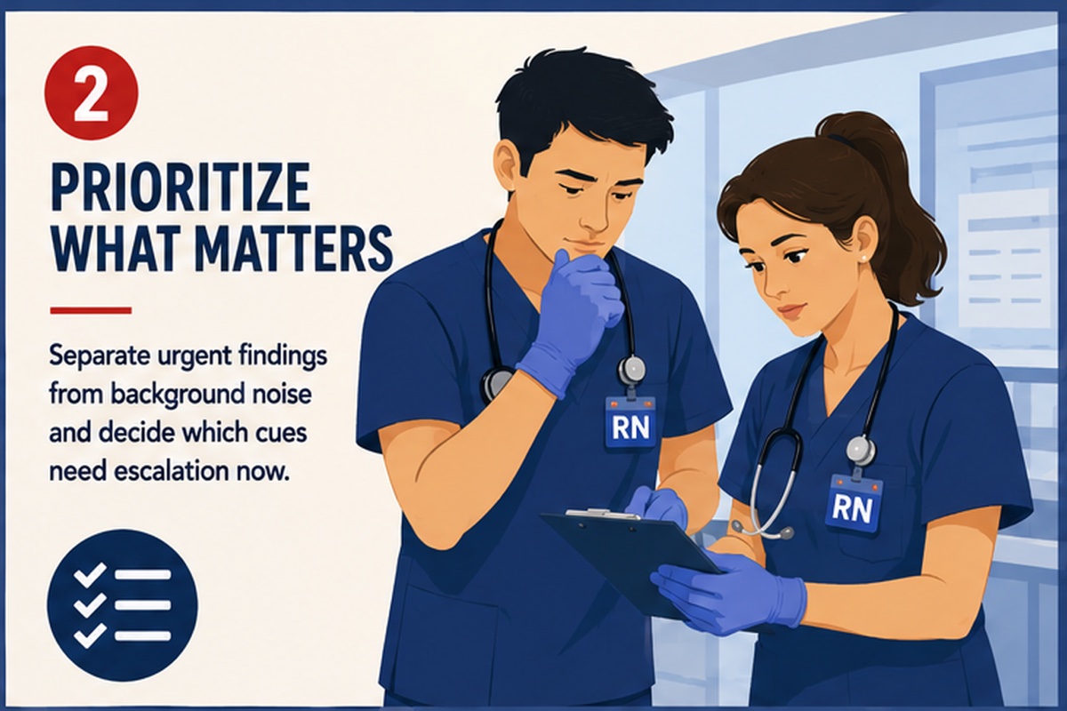 Lesson card for Prioritize What Matters showing two nurses reviewing urgent patient cues on a clipboard.