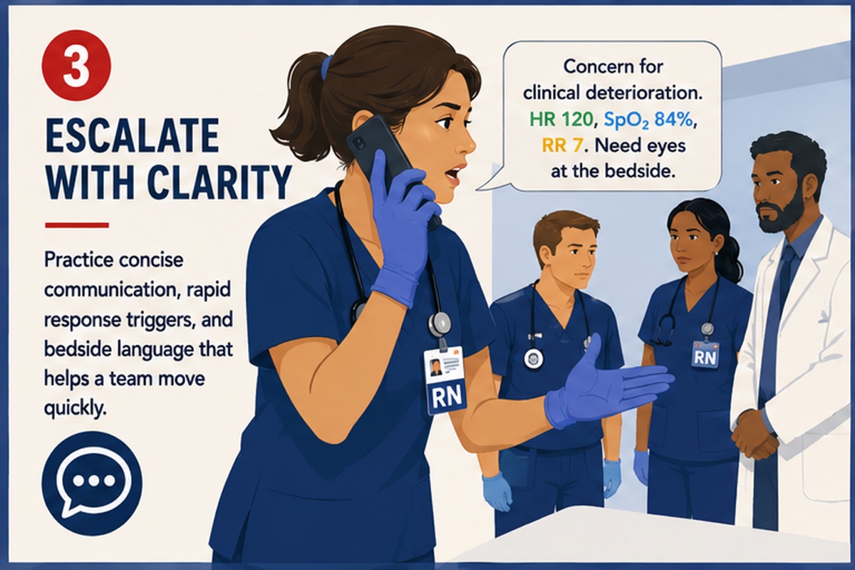 Lesson card for Escalate with Clarity showing a nurse calling the care team about clinical deterioration, heart rate 120, oxygen saturation 84 percent, and respiratory rate 7.