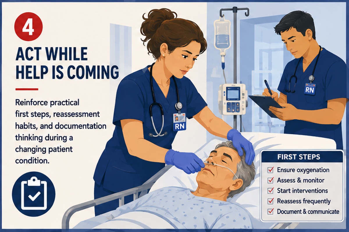 Lesson card for Act While Help Is Coming showing nurses supporting oxygenation, monitoring, interventions, reassessment, and documentation.