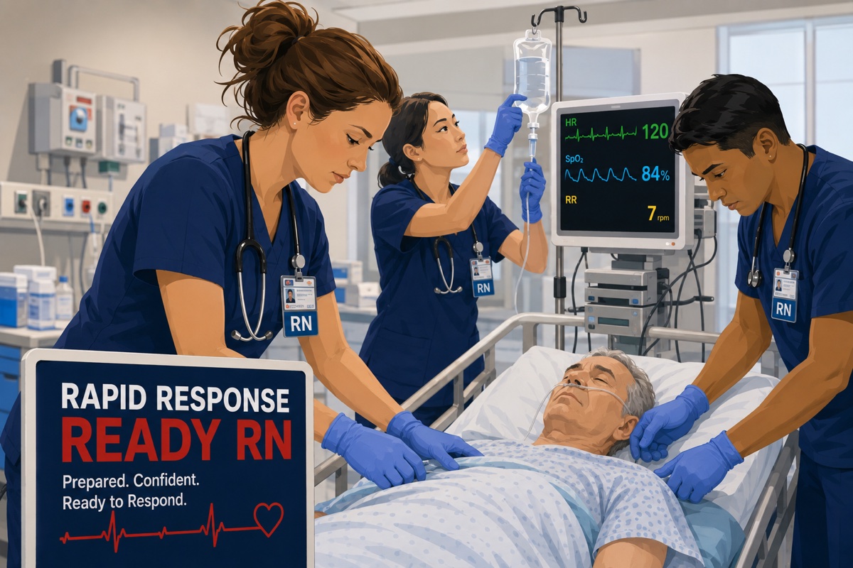 Rapid Response Ready RN course artwork showing nurses responding to a deteriorating patient at the bedside