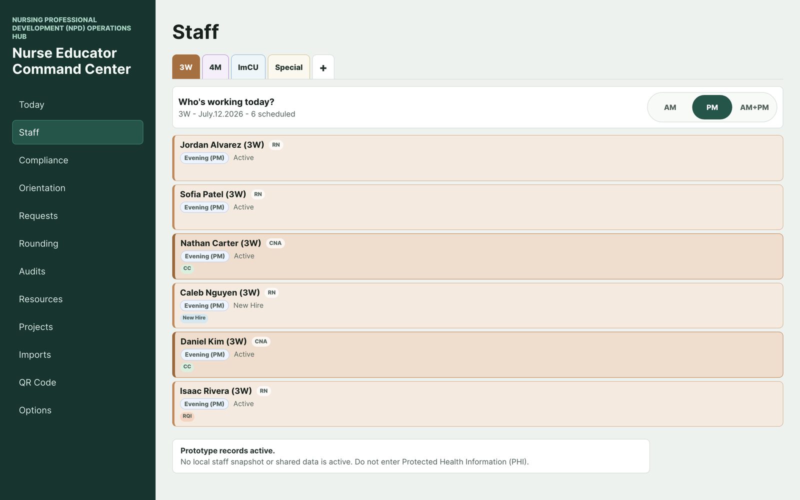 Staff screen for unit 3W listing who is working today with role chips for RN and CNA and tags like New Hire — sample data