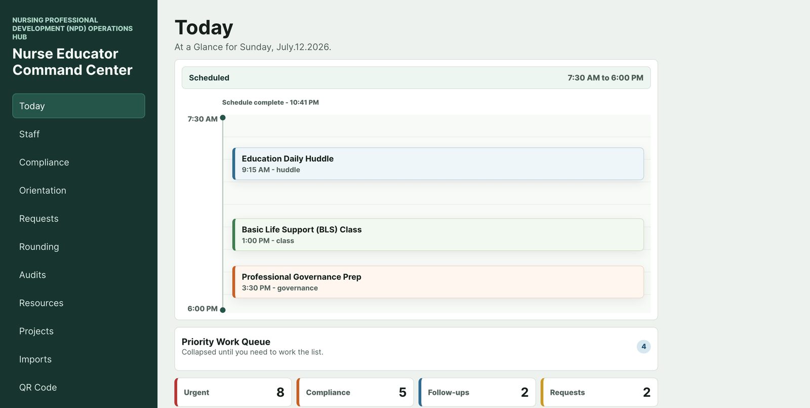 Nurse Educator Command Center Today screen with a day schedule timeline, a collapsed priority work queue showing four items, and count tiles for urgent items, compliance, follow-ups, and requests — sample data