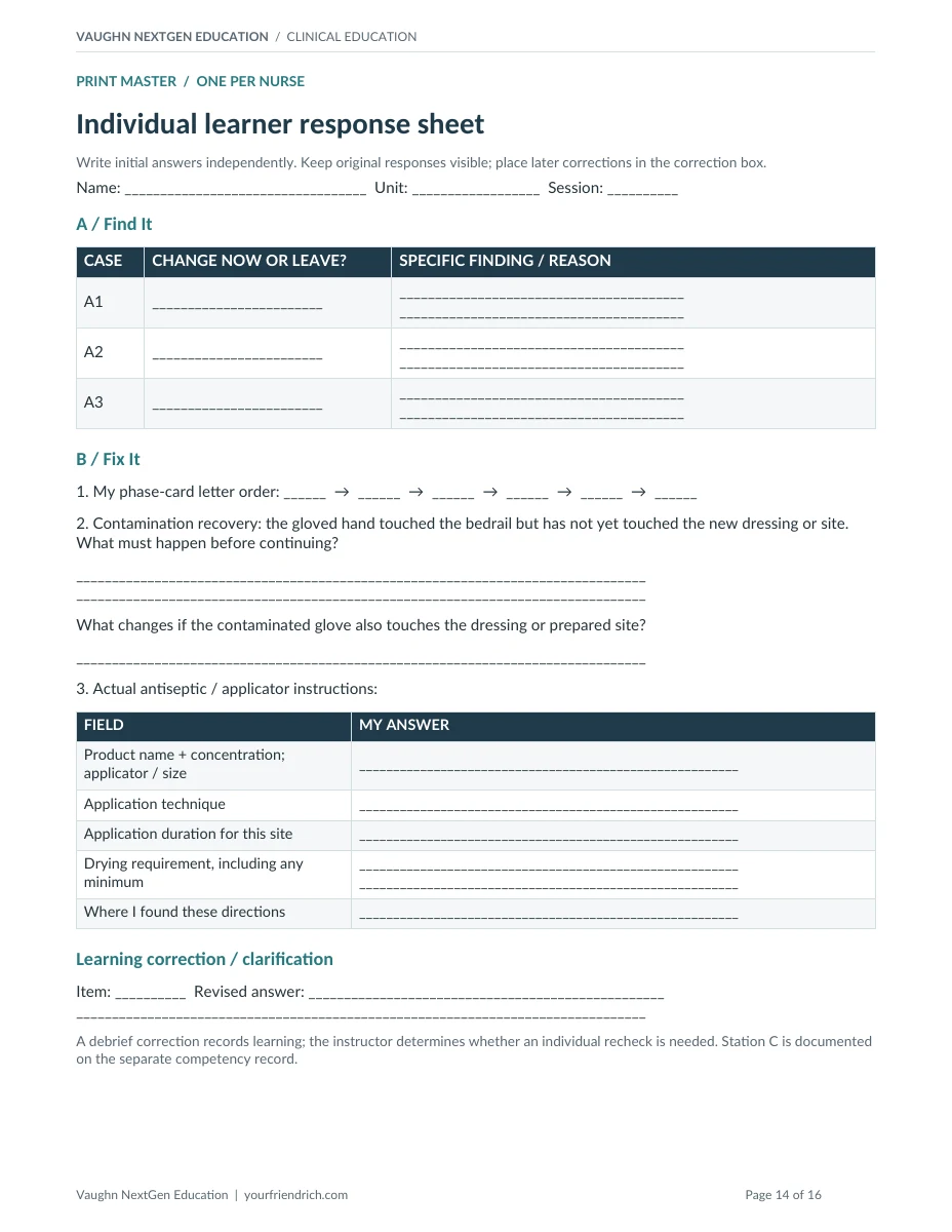 Page 14 of 16 of Central Line Dressing Competency. Open the PDF for selectable document text.