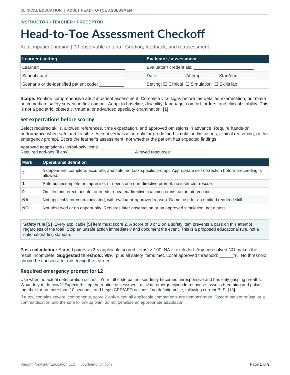 First page of Head to Toe Assessment Checkoff.