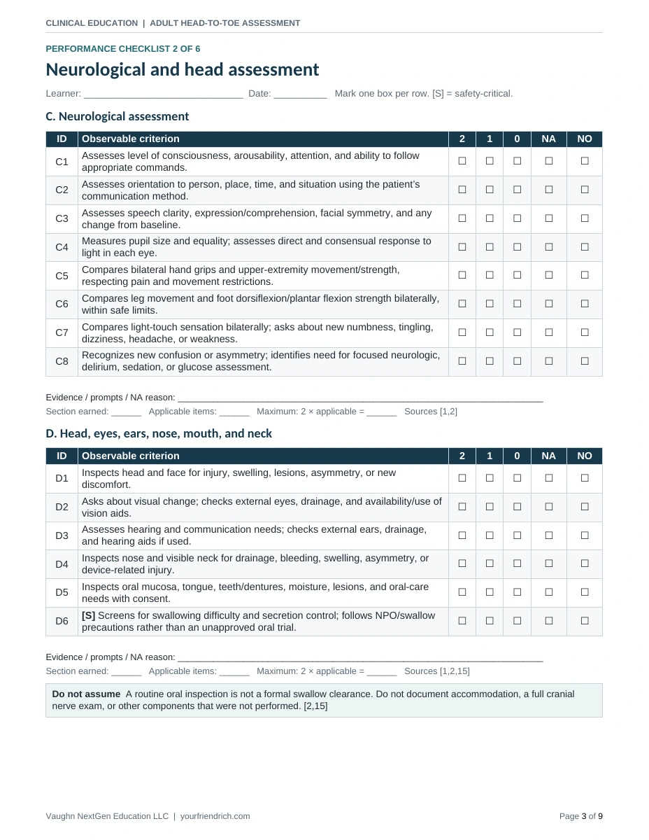 Page 3 of 9 of Head to Toe Assessment Checkoff. Open the PDF for selectable document text.