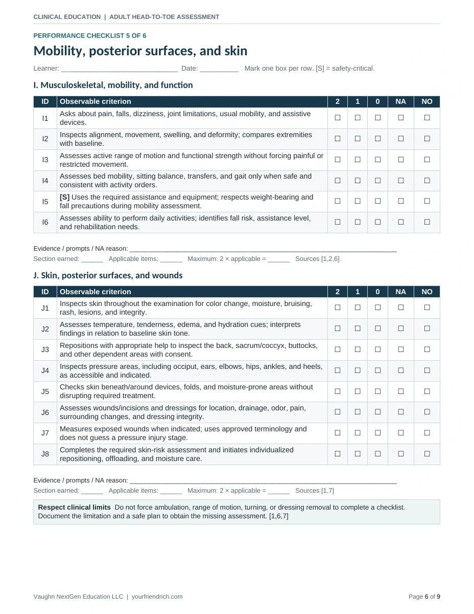 Page 6 of 9 of Head to Toe Assessment Checkoff. Open the PDF for selectable document text.