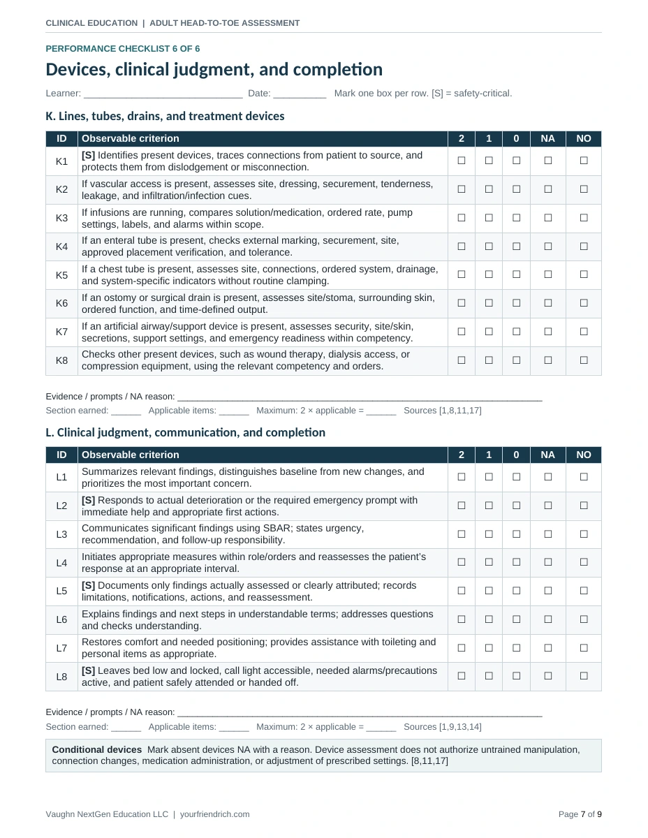 Page 7 of 9 of Head to Toe Assessment Checkoff. Open the PDF for selectable document text.