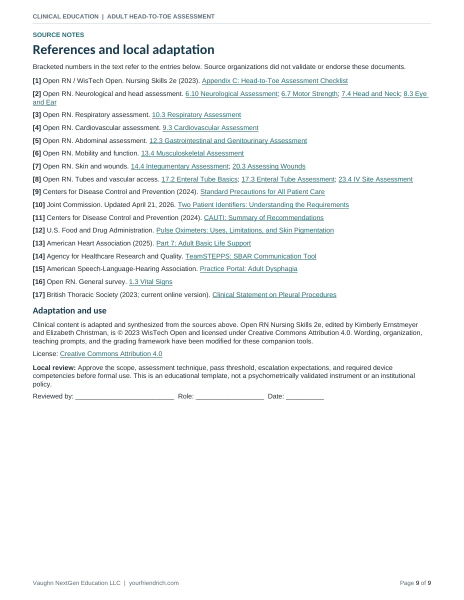 Page 9 of 9 of Head to Toe Assessment Checkoff. Open the PDF for selectable document text.