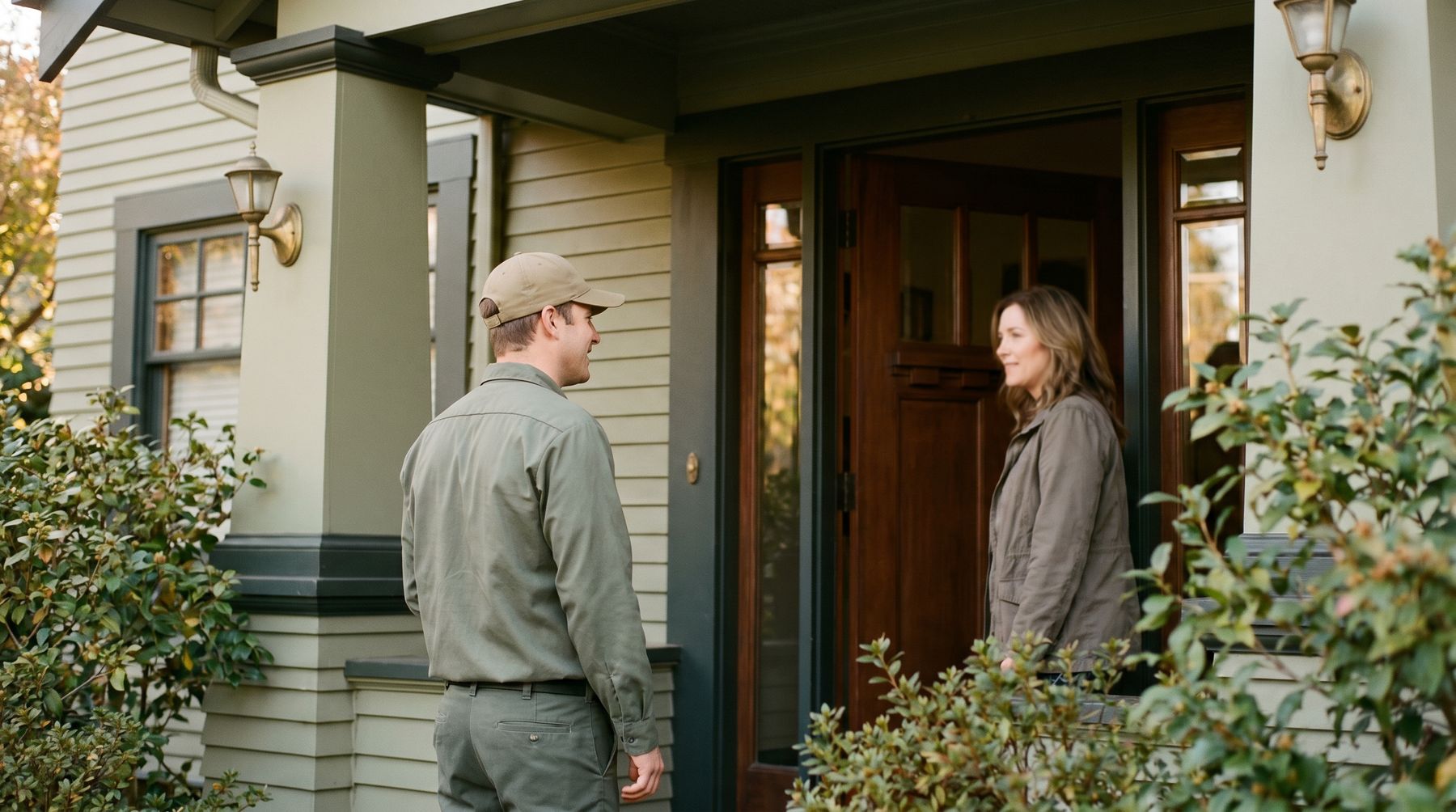A service professional talking with a homeowner at the front door in morning light