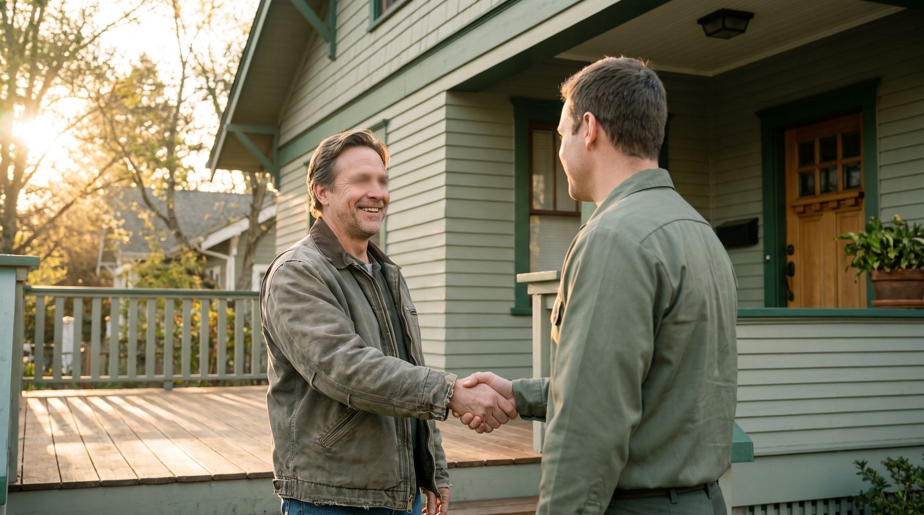 A homeowner and a service professional shaking hands on a front porch in morning light
