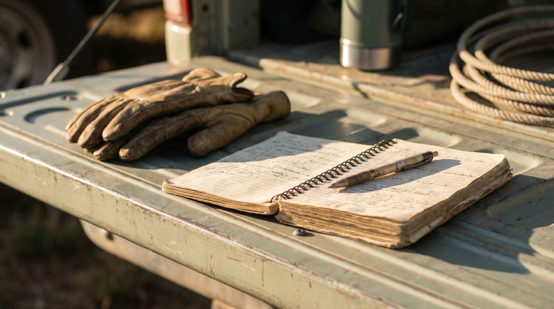 Work gloves and a field logbook with a pen on a truck tailgate at dawn