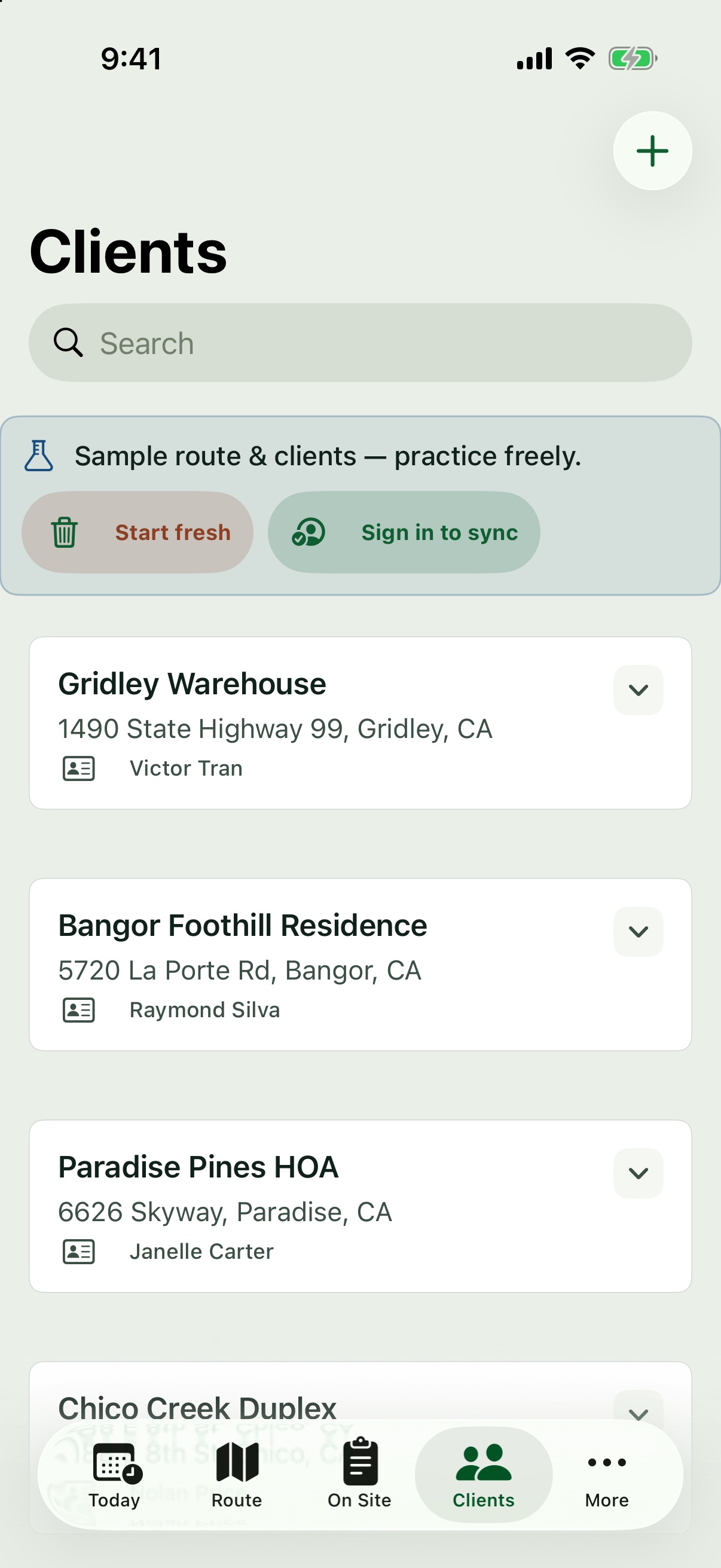 Clients tab with searchable customer cards showing property addresses and contacts