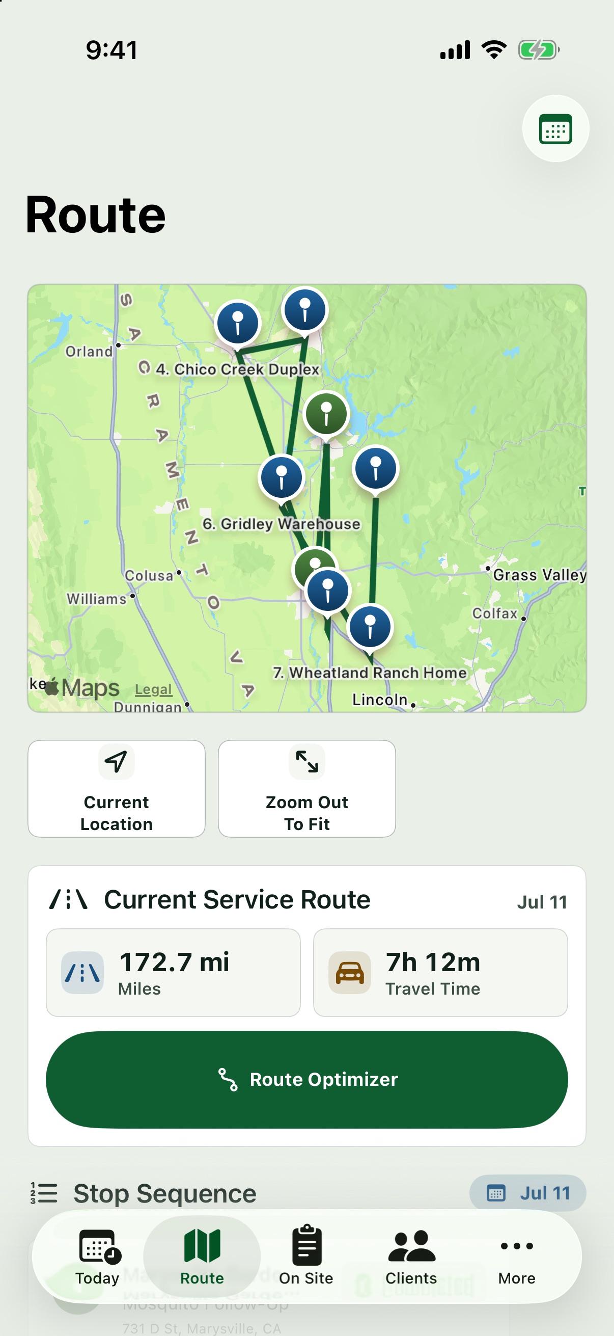 Pest Route's Route tab on iPhone showing a mapped service route with numbered stops, total miles, and travel time