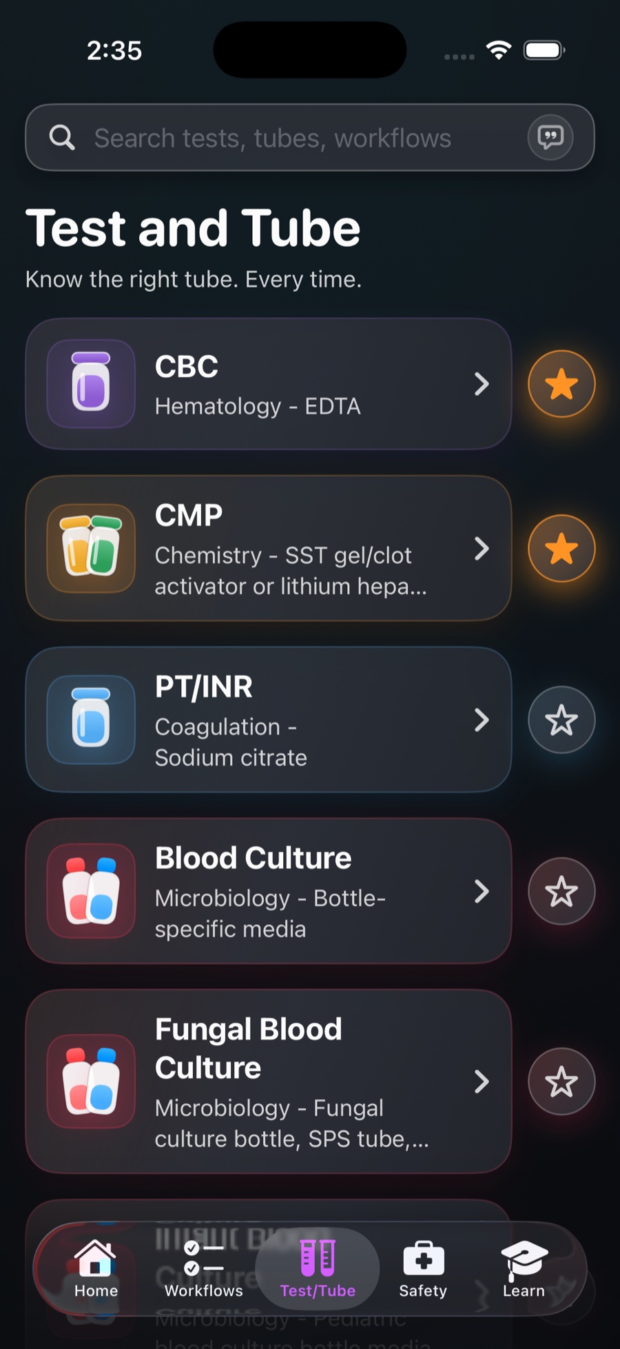 The Test and Tube reference in Phlebotomy Toolkit listing CBC (lavender, EDTA), CMP (gold or light green, SST), PT/INR (light blue, sodium citrate), and Blood Culture, each with a color-coded tube icon