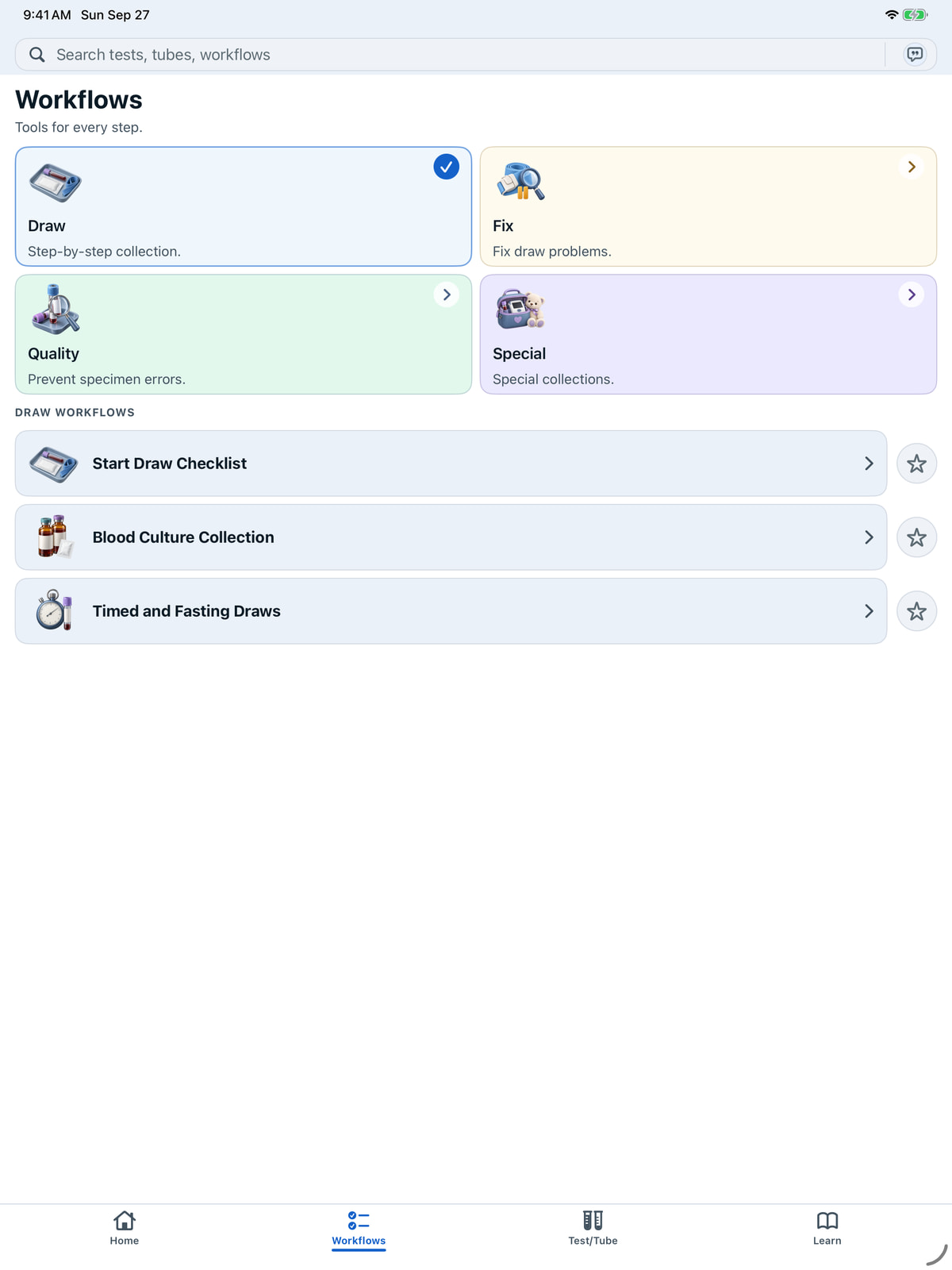 Version 1.1.0 Workflows on iPad, including the four illustrated categories