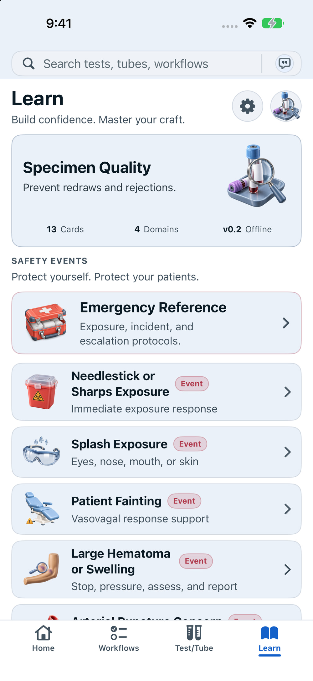 Version 1.1.0 Learn screen with an illustrated learning path and Safety Events section