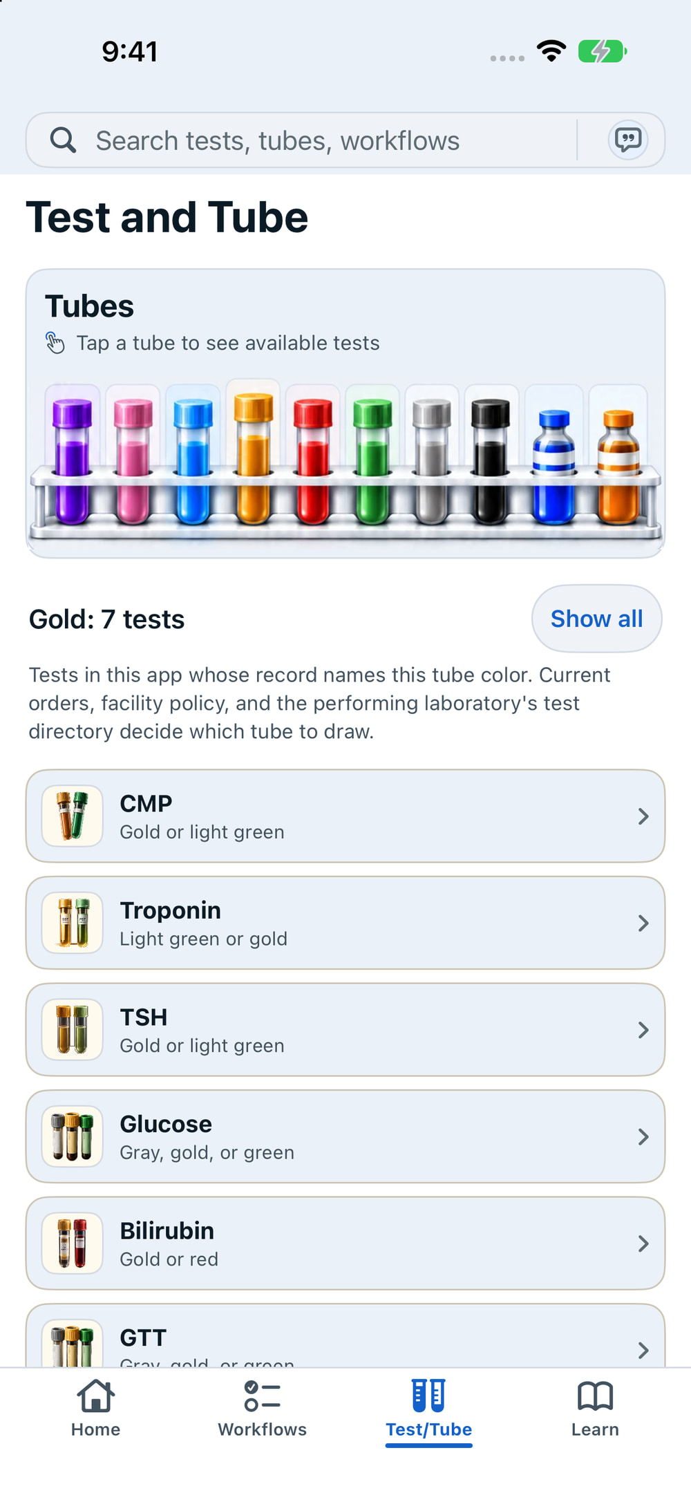 Version 1.1.0 visual tube rack above the Test and Tube list