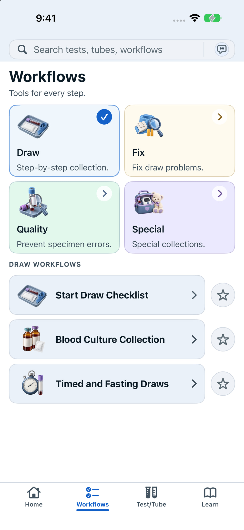 Version 1.1.0 Workflows screen with four illustrated category tiles: Draw, Fix, Quality, and Special