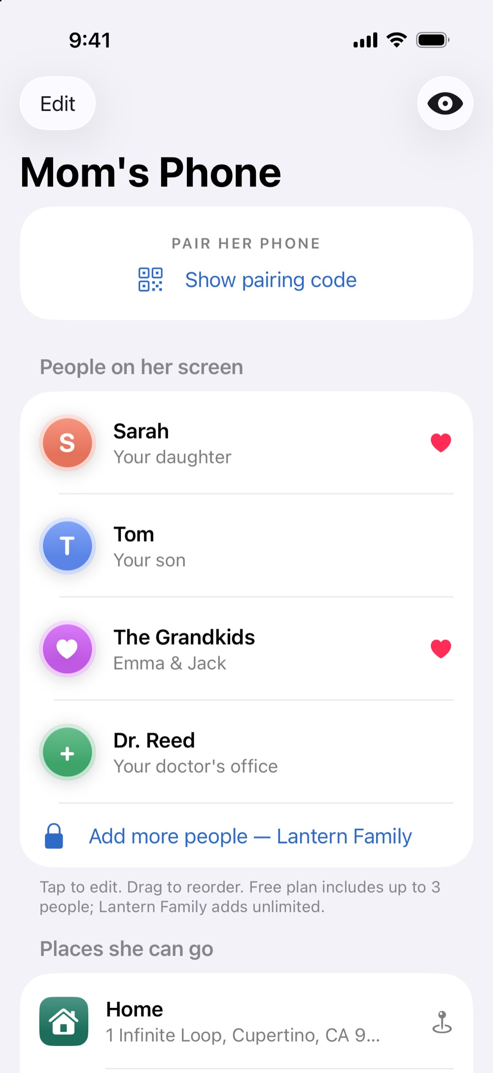 The Phone Helper Family companion app titled 'Mom's Phone', with a Show pairing code button, an editable list of people on the older adult's screen, and a saved place called Home