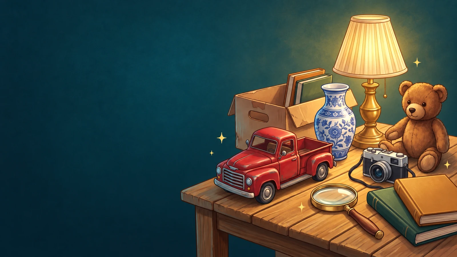 A vintage toy truck, camera, vase and other yard-sale discoveries against a deep teal background