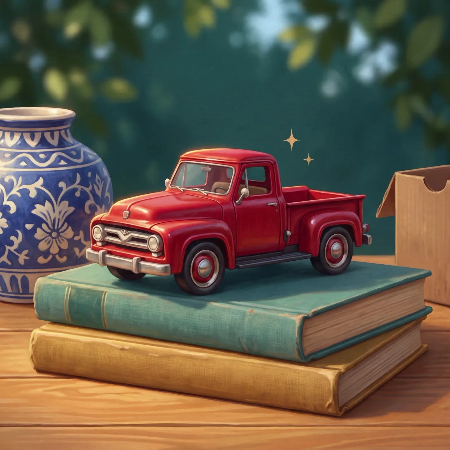 A worn red toy truck resting on old books at a yard sale