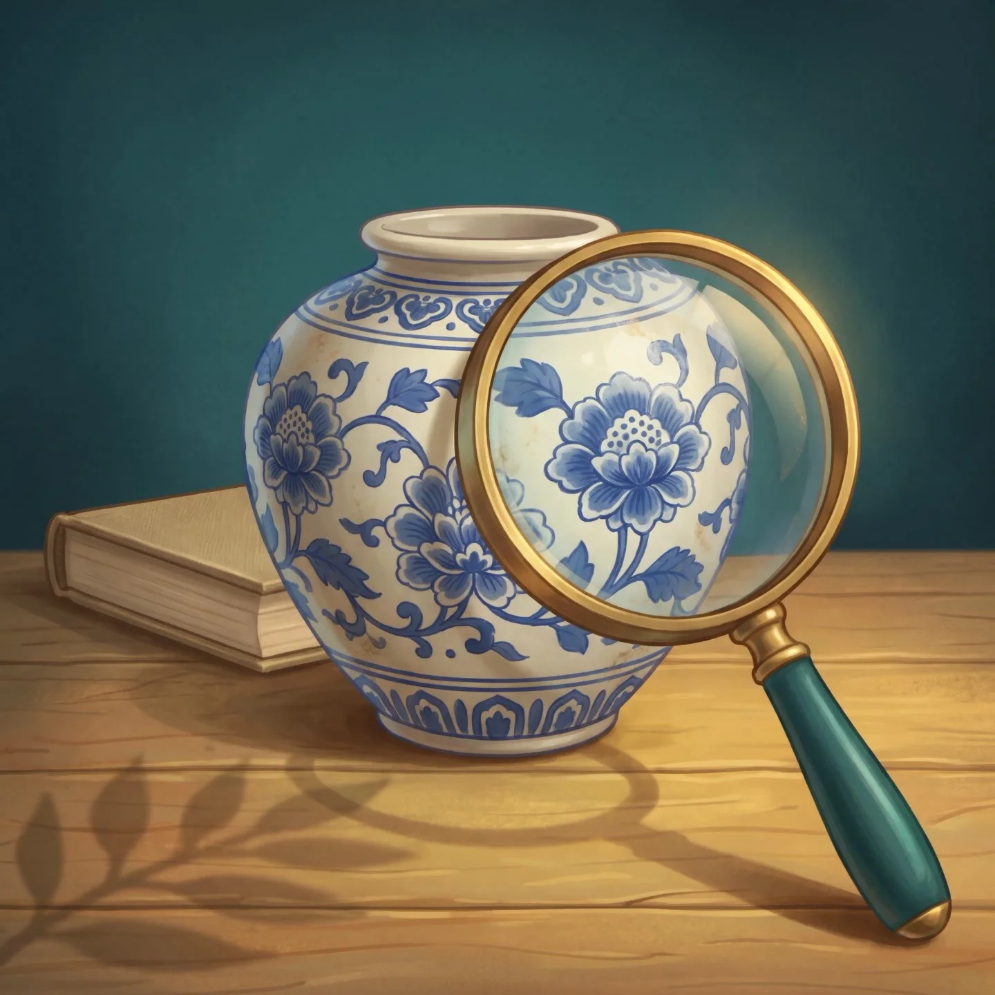 A magnifying glass revealing the painted detail on a blue and white vase