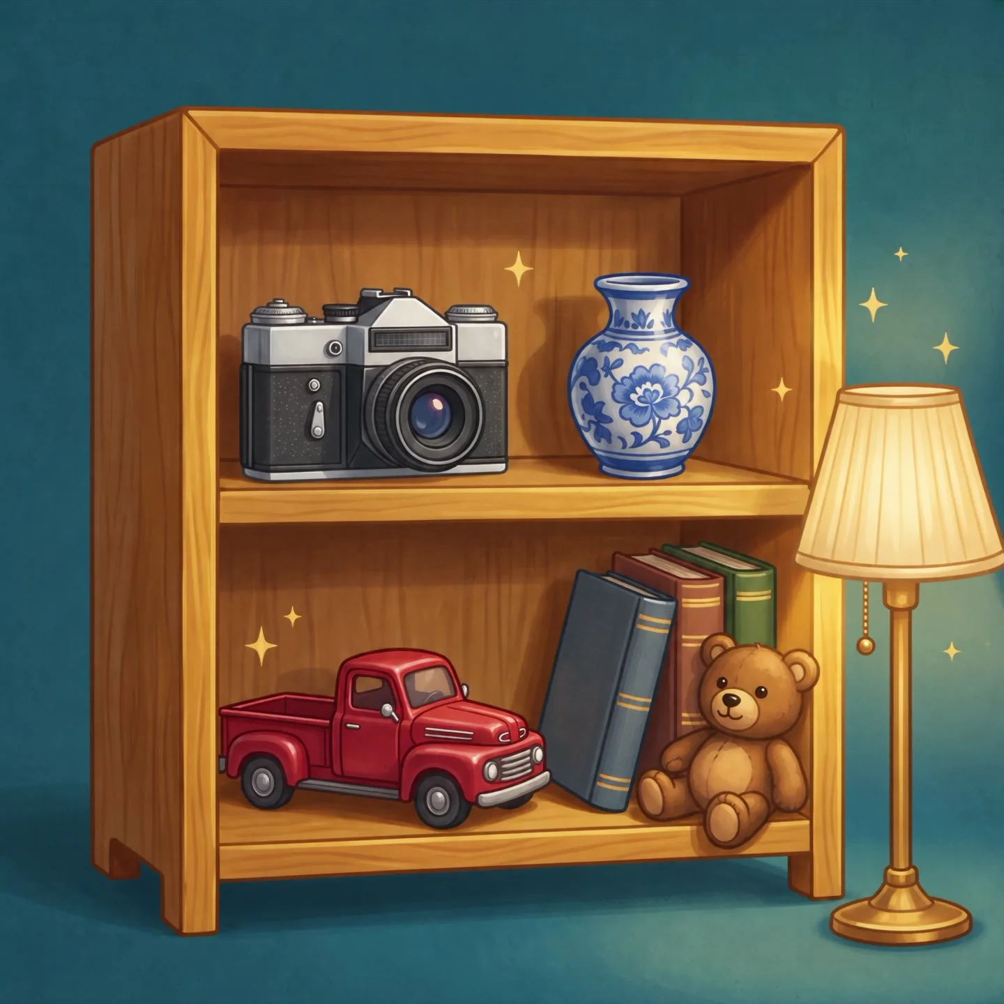 A carefully arranged collection of secondhand finds on wooden shelves