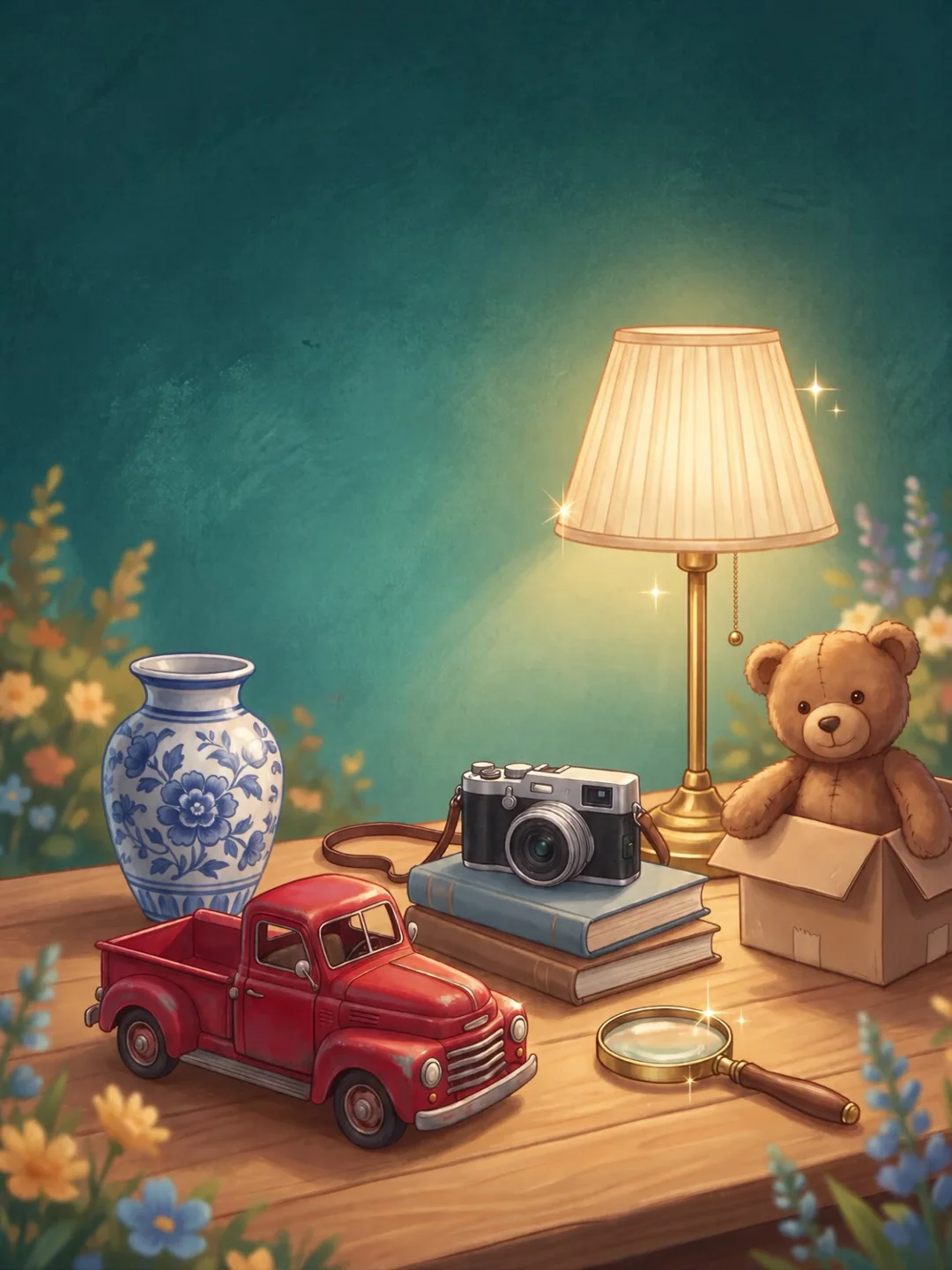 A warm still life of a red truck, teddy bear, lamp and other finds waiting to be explored