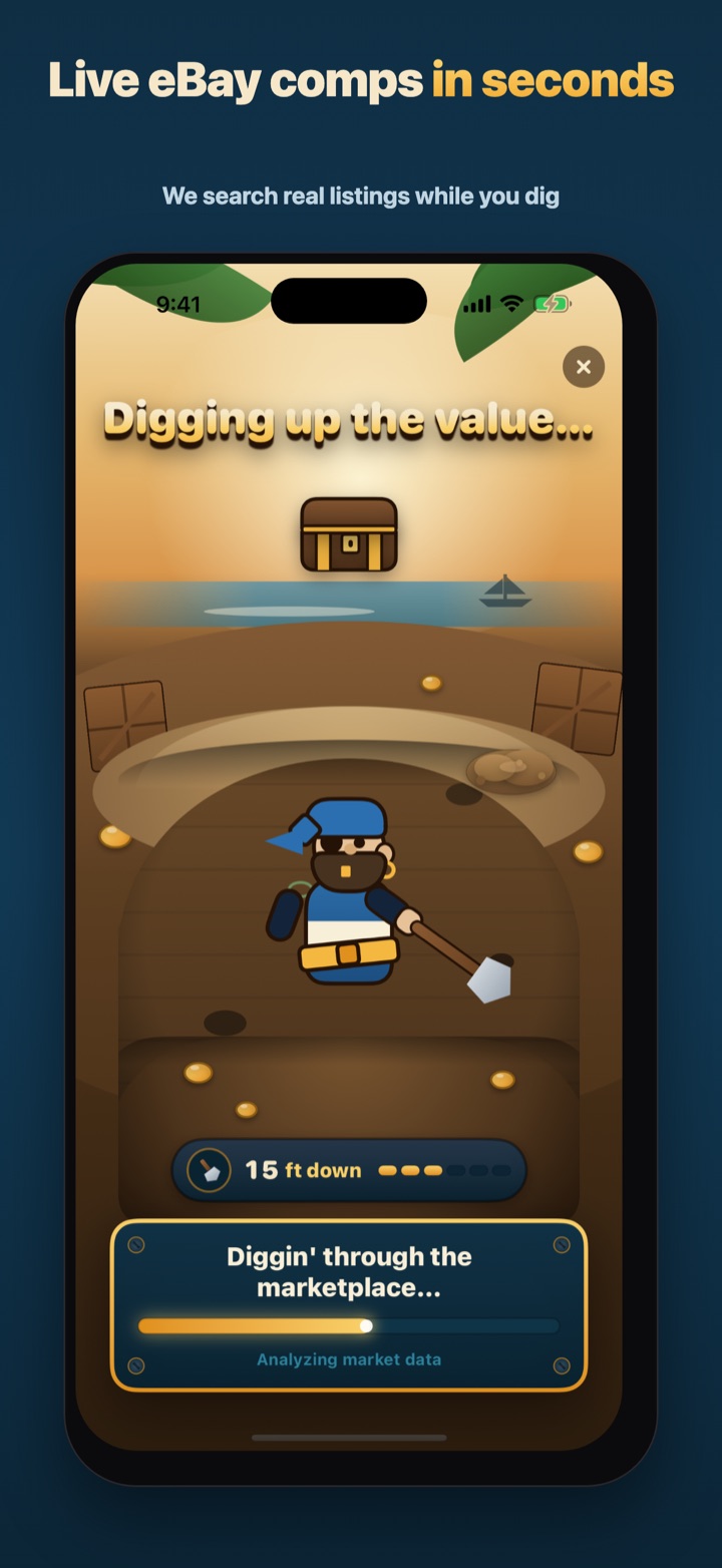 Yard Sale Treasure Finder marketplace-search screen shown while the app reviews live listing data