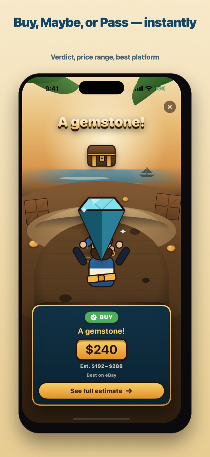Yard Sale Treasure Finder sample result showing a Buy verdict and an estimated resale range