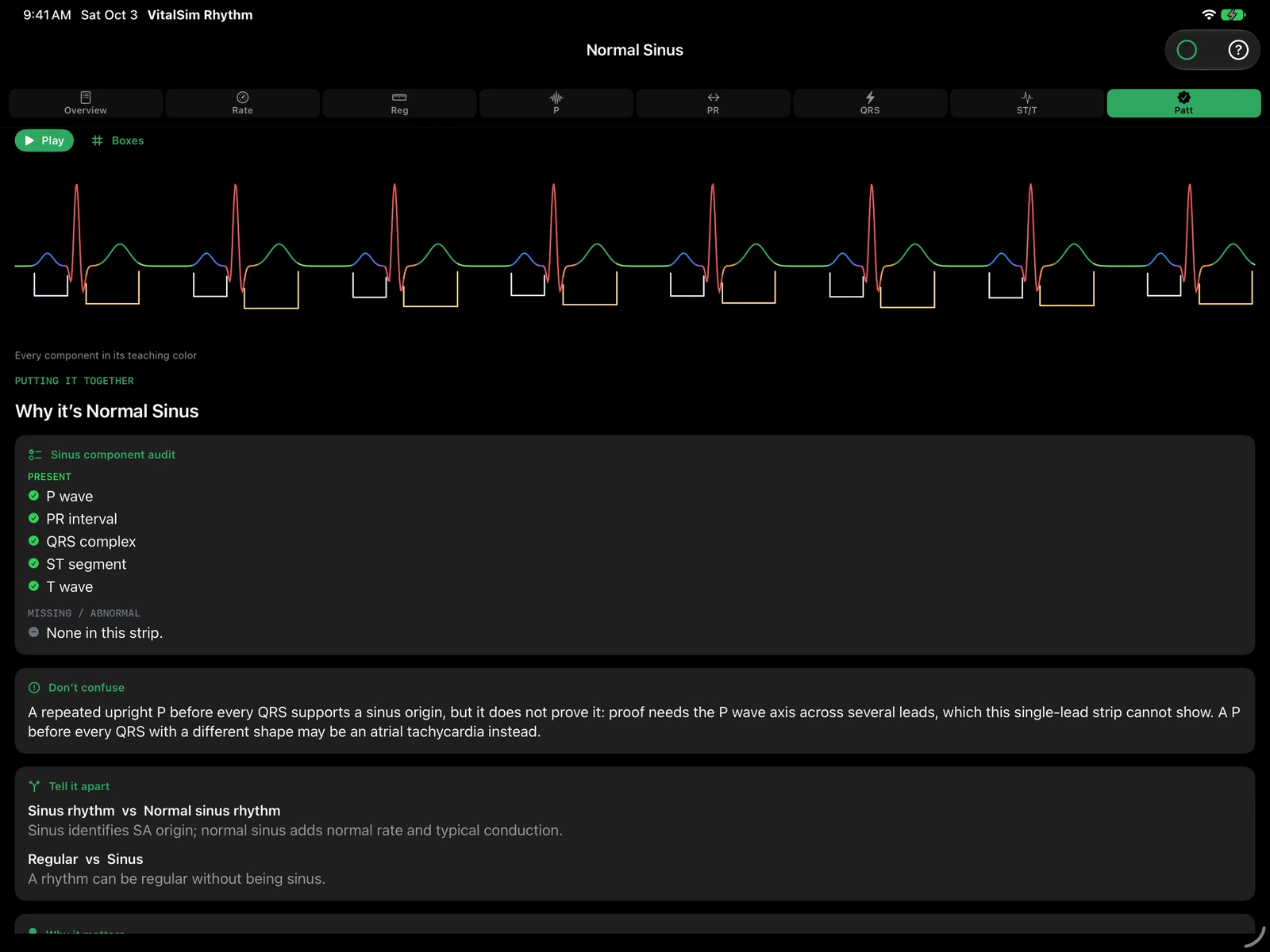 Next-release preview: the Normal Sinus Pattern lesson on a landscape iPad, with a color-coded ECG strip, component audit and explanations